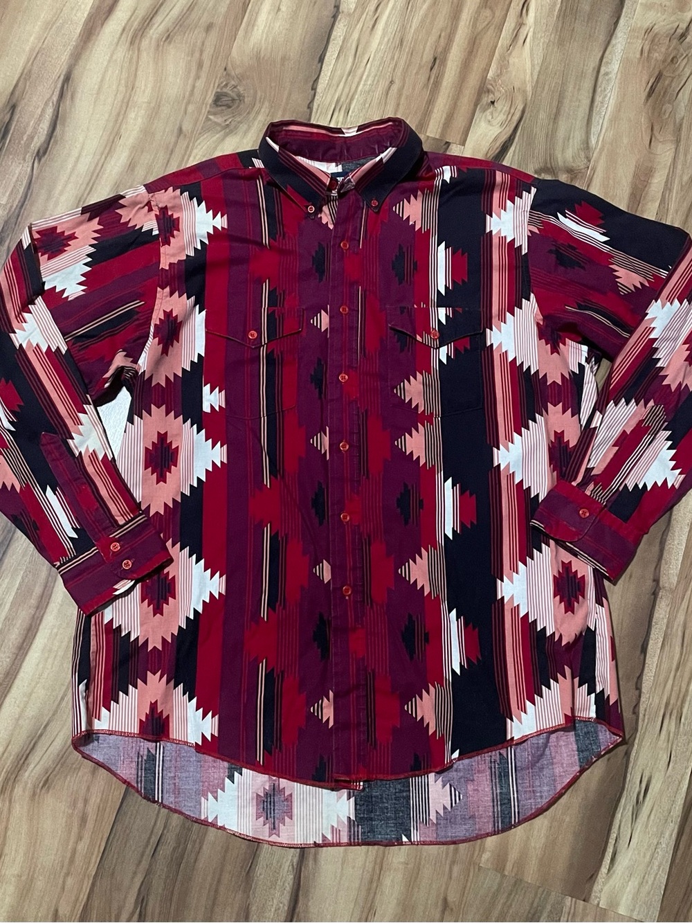 Vintage 90s Wrangler Cowboy Cut- Red Black Aztec Southwestern Western Shirt 17.5